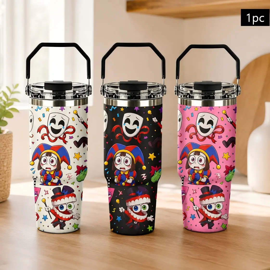 1PC 30oz The Amazing Digital Circus Pomni & Caine Insulated Coffee Tumbler, Slim Stainless Steel Travel Mug with Lid & Carry Handle, Keeps Hot 12H/Cold 24H, Large Capacity Cup for Men and Women
