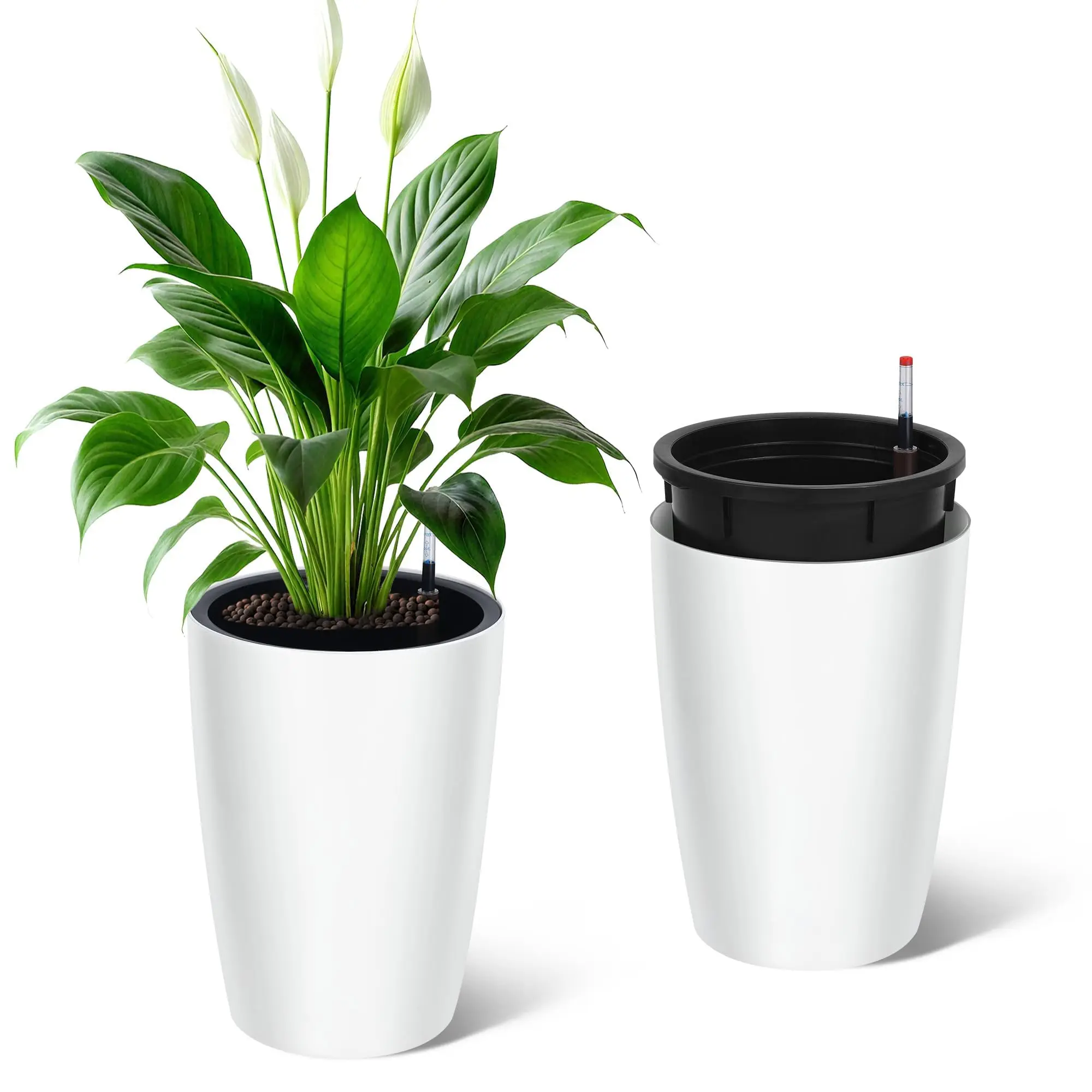 GARVEE 16 in Tall Planters Set of 2, Plant Pots, Self Watering Pots for Indoor Plants, Flower Pots with Built-in Drainage and Visual Water Level Design, for Patio, Porch, Living Room, or Home Office, White