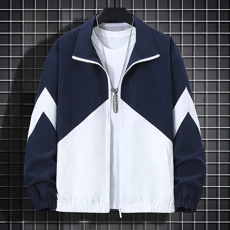 Men's 2-Tone Color Block Windbreaker - Geometric Chevron Spliced, Full-Zip Stand Collar, Oversized Lightweight Minimal Casual Outerwear for Daily Streetwear