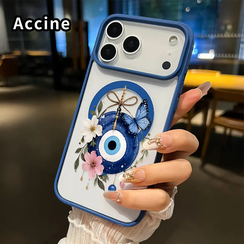 Magnetic Phone Case for iPhone 17 16  Pro Max Plus 15 14 13 12 11 Air E Evil - eye with blooms Pattern Anti-Yellowing Shockproof ultra-thin Silicone Crystal Transparent Acrylic Cover Supports Wireless Charging