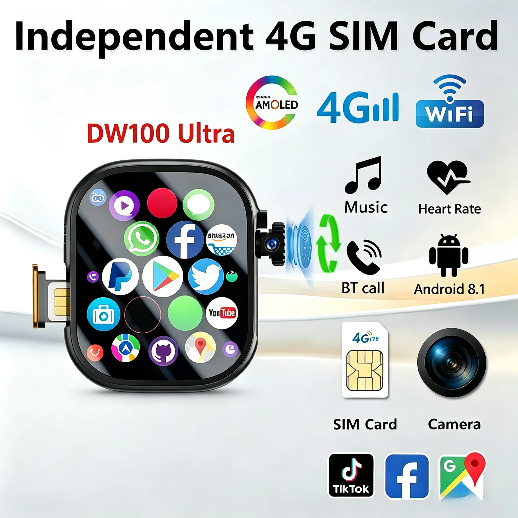 DW100 Ultra Android 4G/5G Smart Watch Amoled GPS WIFI With Fingerprint Screen Unlock 8MP Function Rotating Camera High-end Play Store Download TOUCH ID SIM Card Smartwatch For Men Women