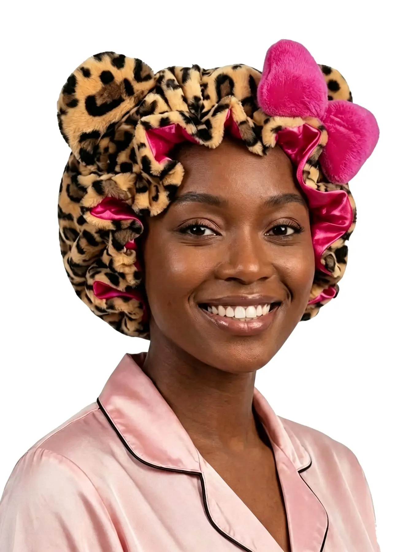 Leopard Satin Lined Sleep Bonnet for Women, Teddy Plush Hair Bonnet, Silk Wrap for Curly & Braided Hair, Anti-Frizz Night Cap