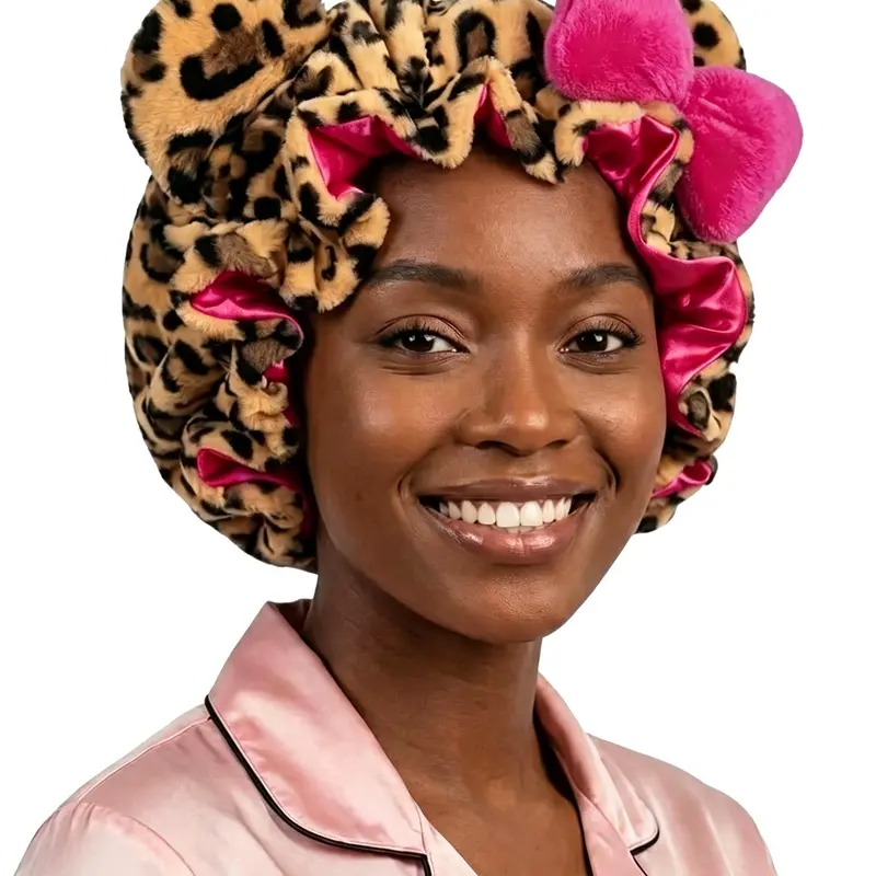 Women's Leopard Teddy Plush Satin Lined Sleep Bonnet, Anti-Frizz Night Cap for Curly & Braided Hair, Sleep Caps