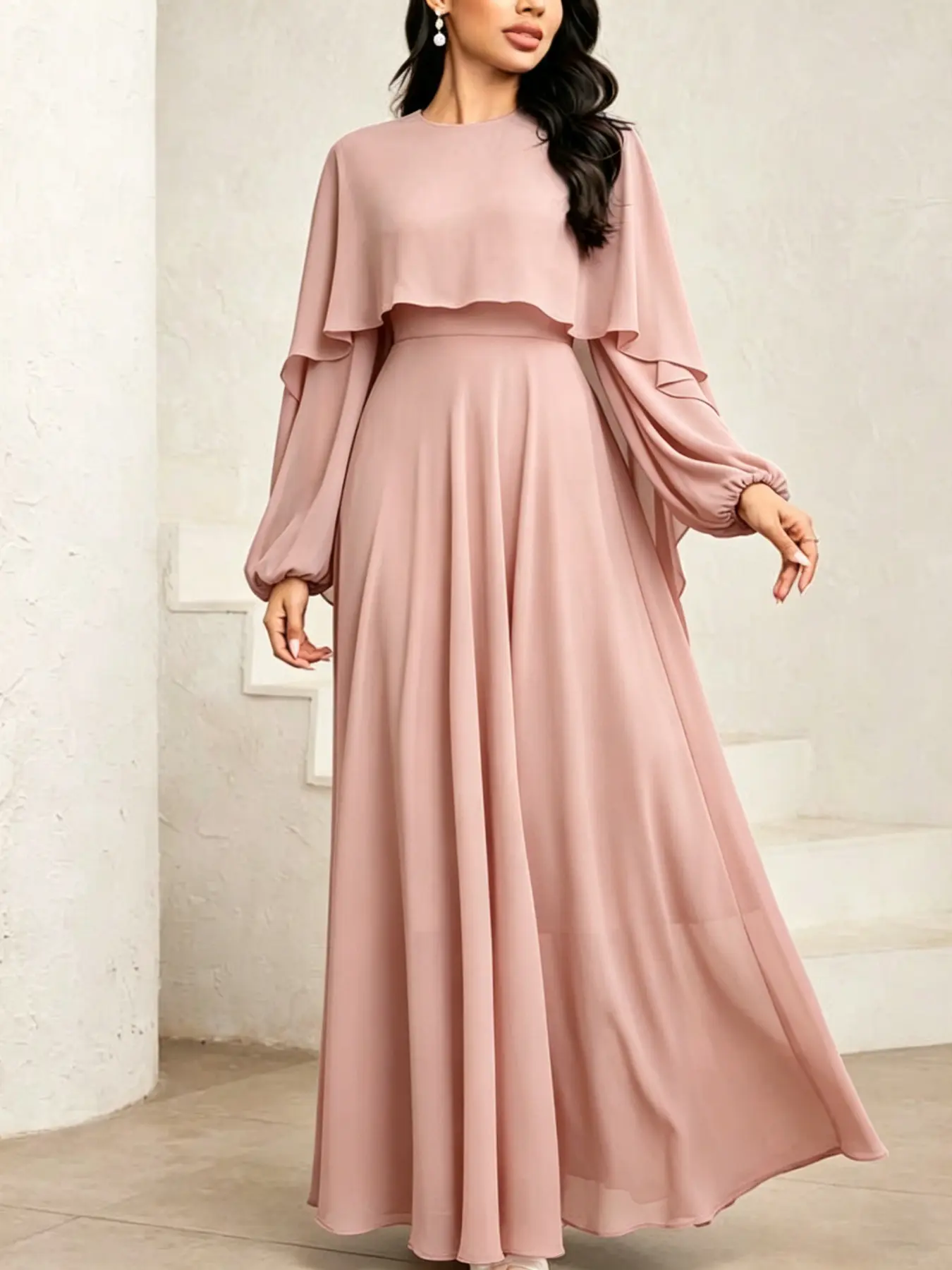 Elegant Chiffon Long Dress, Cape Style Waist-Cinched Dress, Graceful Evening Gown, Soft and Chic Dress