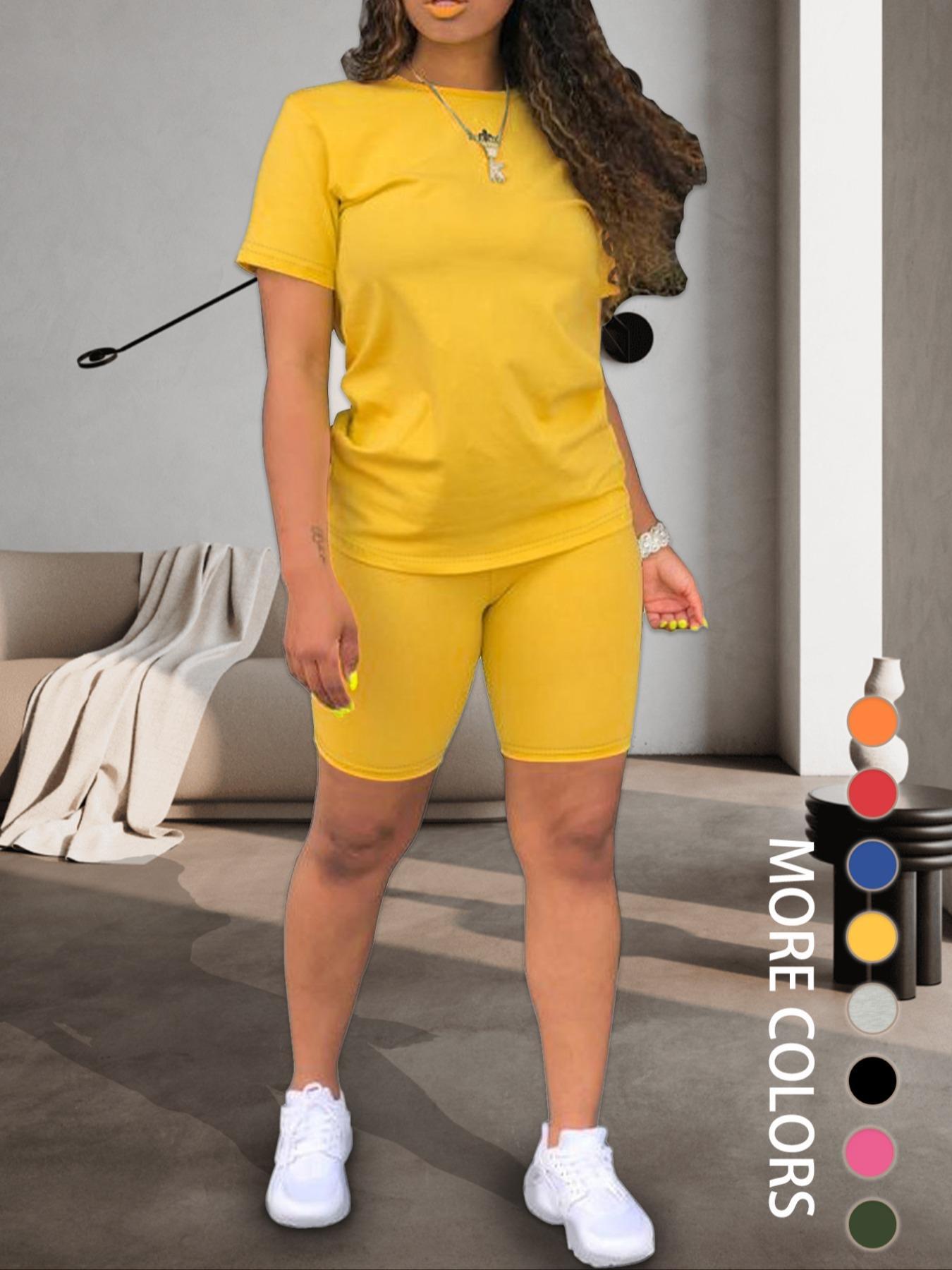 Two-piece Set Women's Fitted Plain Round Neck Tee & Skinny Shorts Set, Summer Clothes Women, Short Sleeve Crew Neck T-shirt & Shorts, Casual Summer Clothes for Outdoor, Cute Summer Outfit