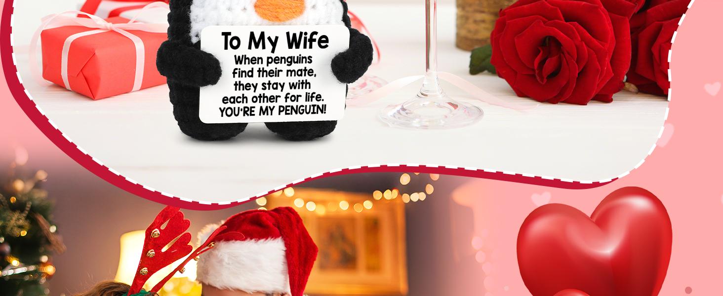 Gifts for Her Wife from Husband Birthday Christmas, to My Wife Handmade Crochet Emotional Mini Funny Penguin, Romantic Wedding Anniversary Valentines Gifts for Women Her, Small Cute Love Sign Decor
