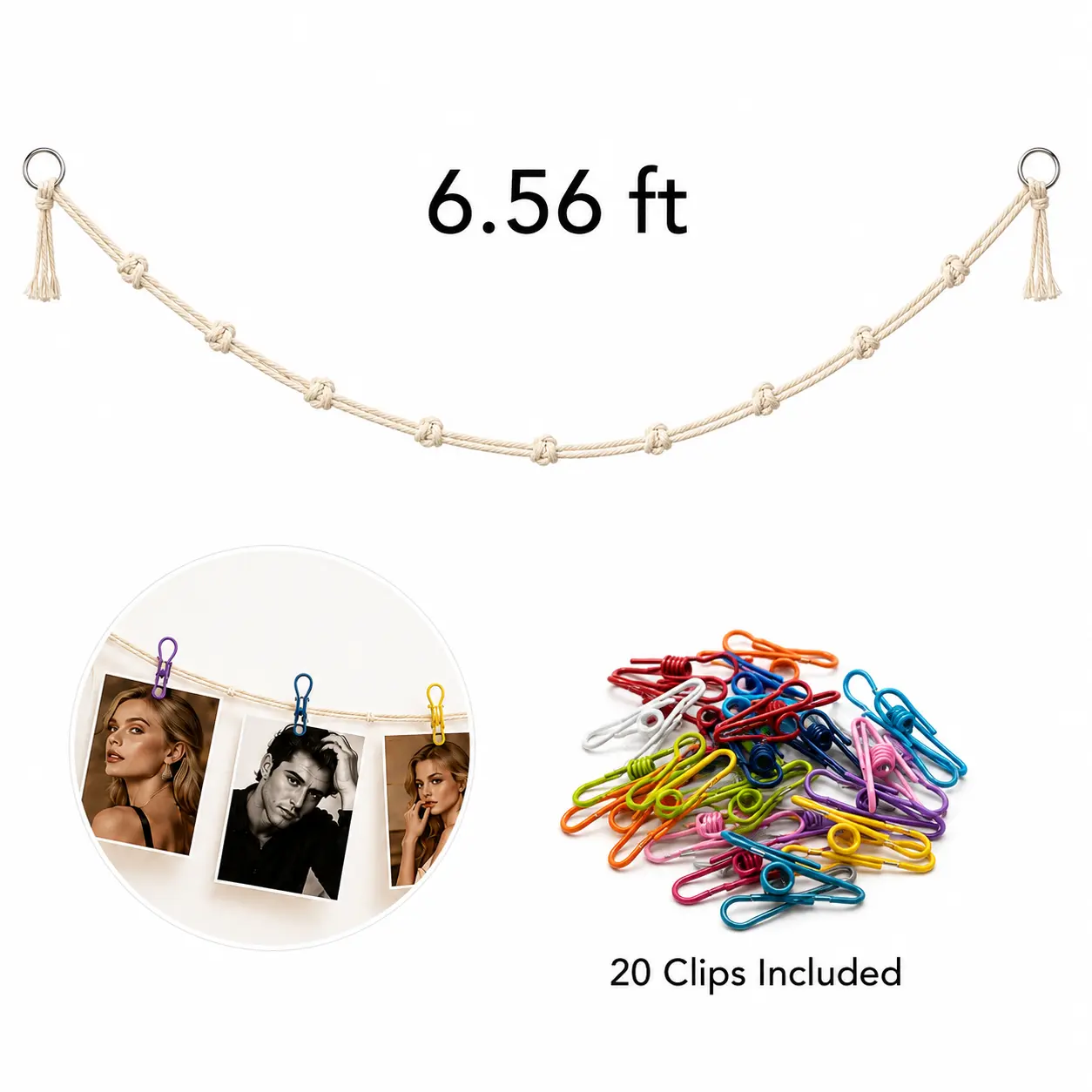 Macrame Photo Display Rope with 20 Multi-Color Clips, 6.56FT Cotton Knotted Wall Hanging String, Boho Aesthetic Decor for Polaroid Photos, Dorm & Bedroom Wall Gallery Decor
