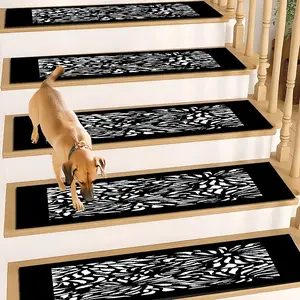 6/8/15pcs Vintage Black White Abstract Floral Diatom Mud Stair Treads, Super Absorbent Non Slip Carpet Mats for Wood Steps, Quick Drying Moisture Wicking Stair Runners, Anti Slip Washable Rugs for Dogs Kids Elderly