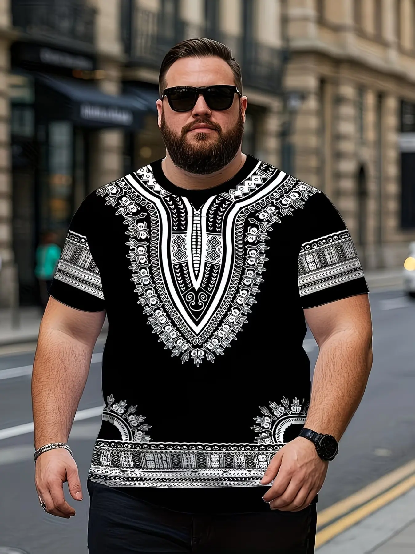 Vintage African Dashiki Tribal Pattern Plus Size Men's T-Shirt, Symmetrical Geometric Floral Ethnic Trim Print, Casual Daily Wear Top, Menswear Streetwear