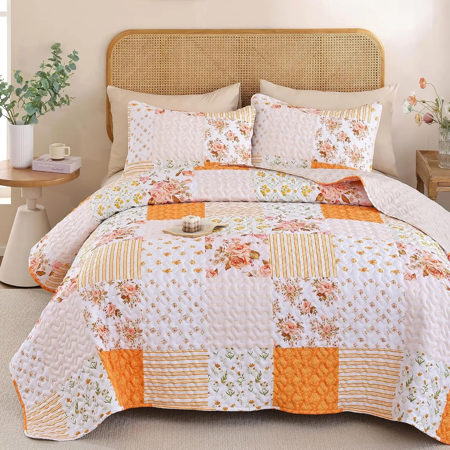 Floral Quilt Set  Size – Ultra Soft Lightweight Bedspread, 2 count Orange Bedding Set (66"x90") with Pillowcases (20"x26"),   Coverlet for Bedroom & Guest Room