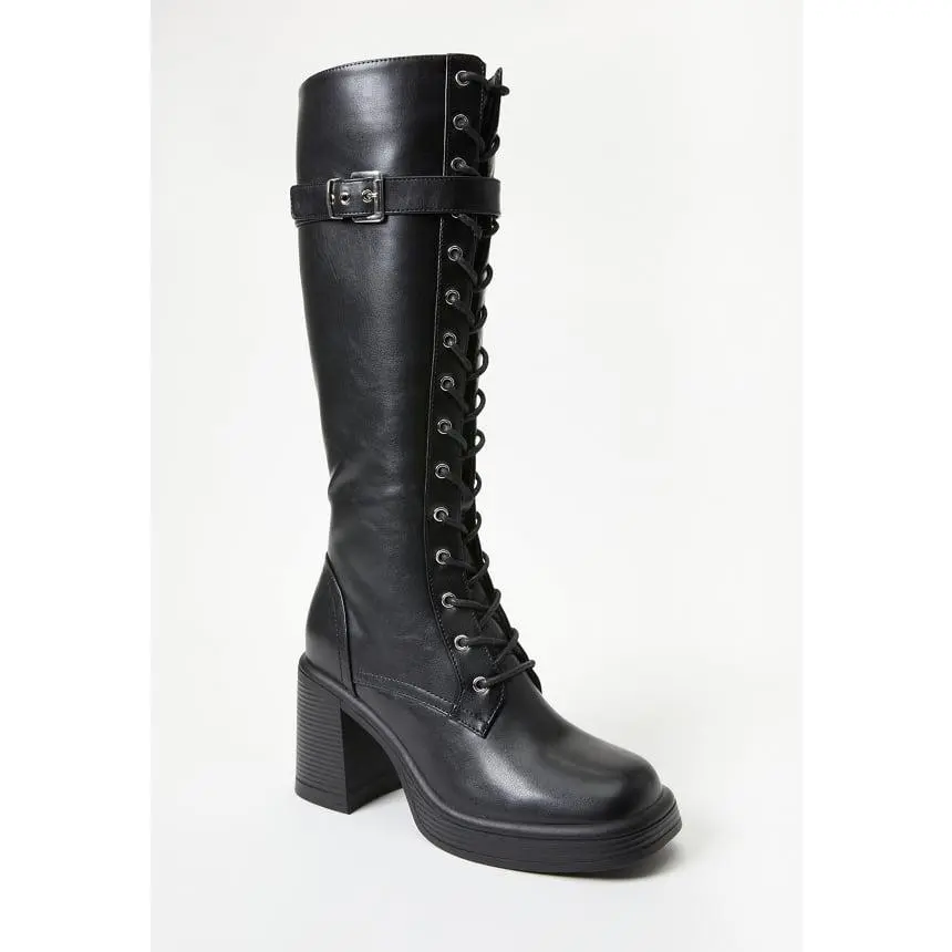 Women's Knee-High Combat Boots, Moto Lace-Up Style in Vegan Faux Leather with 3.5" Block Heel, Side Zipper & 1.0 inch layered front platform, Walking Shoes, Vegan Leather, Buckle, Casual