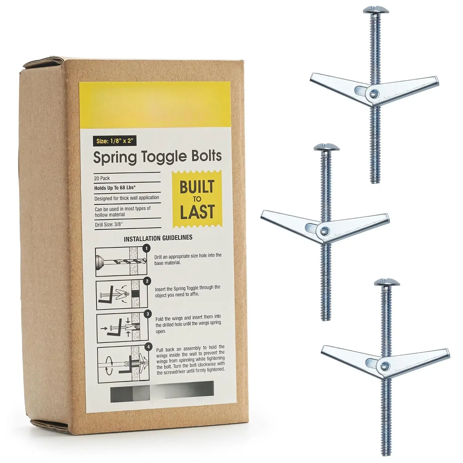 Spring Toggle Bolt Anchors - Heavy Duty Wall Anchors for  Items w/Hollow Walls &  - Stainless Steel Hollow Wall Anchor for Frames, Shelves, Mirrors & , 20 Pack (1/8" x 2")