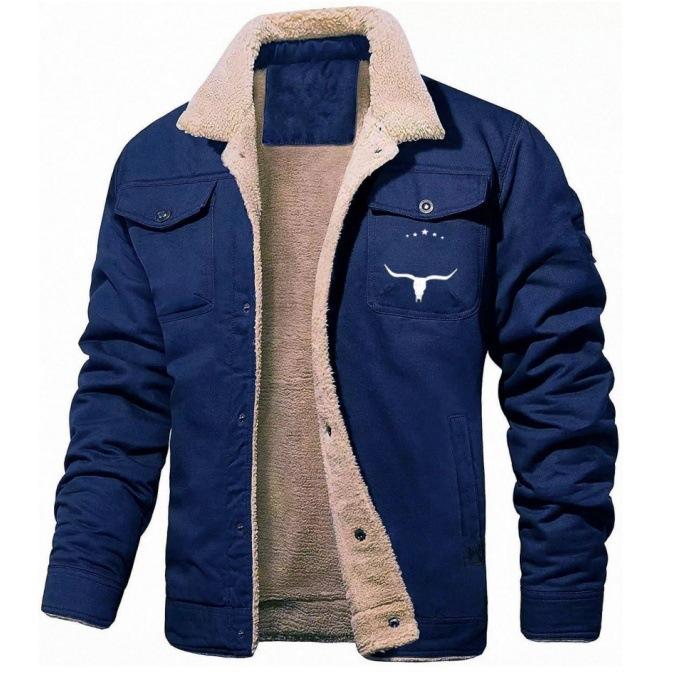 Men's Retro Western Jacket Warm Fleece Coat Work Cargo Trucker Jackets Tops Casual loose