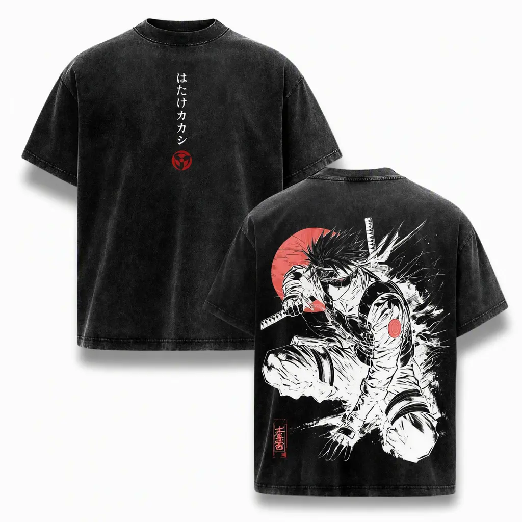 T-Shirt Washed Vintage Naruto Anime Oversize Streetwear Tee Sharingan Ninja Graphic Unisex Heavyweight Cotton Top Gift for Anime Manga Fans Oversized Crewneck