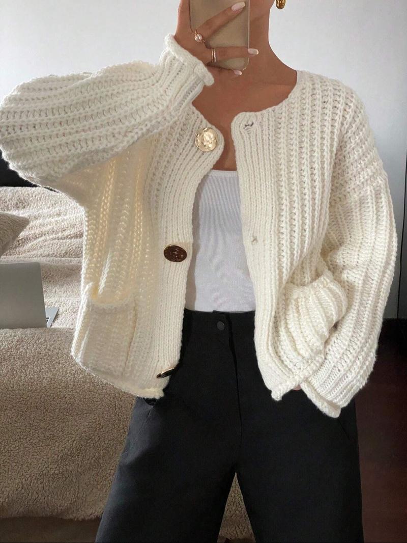 Women's Solid Color Cardigan, Casual Long Sleeve Button Front Knitwear for Fall & Winter, Fashion Women's Knit Clothing for Daily Wear, Tops, Basic Clothe