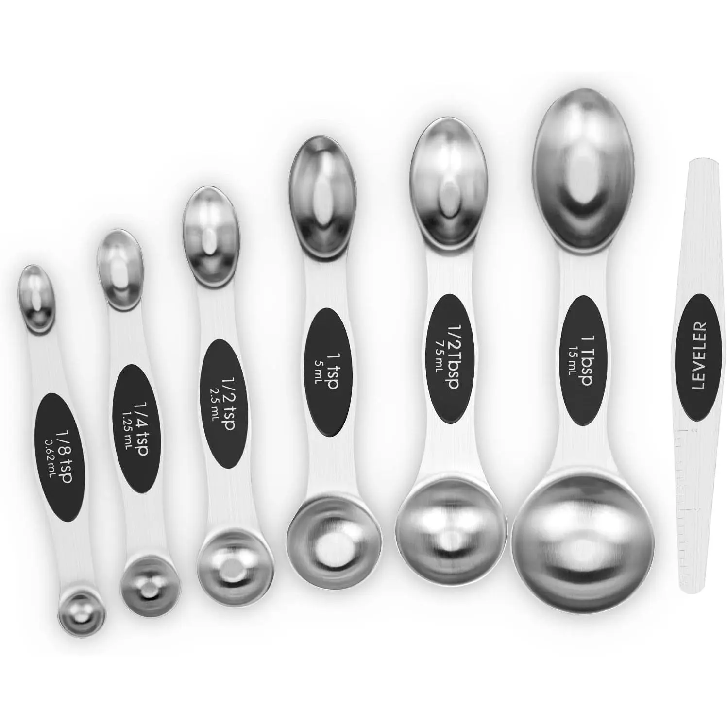7-Piece Magnetic Measuring Spoons Utensils Set, Dual-Sided Brushed Finish Stainless Steel, Elongated Spoon Fits Spice Jars, Includes Leveler, for Dry & Liquid Ingredients (Tbsp, Tsp Included)