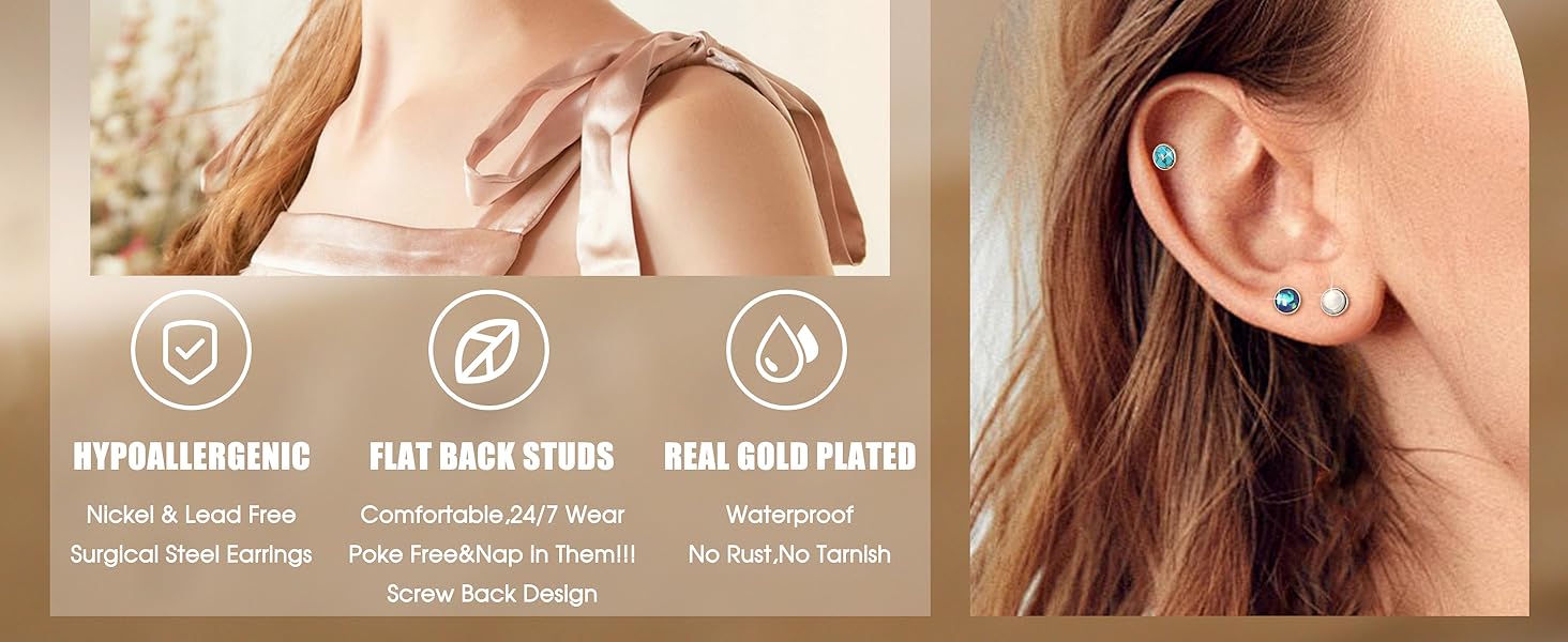 MILACOLATO Hypoallergenic Flat Back Earrings for Women Small Surgical Steel Nap Sleeper Earrings Cute Opal Turquoise Moonstone Earrings Cartilage Helix Tragus Piercing Silver Studs Earrings 20G