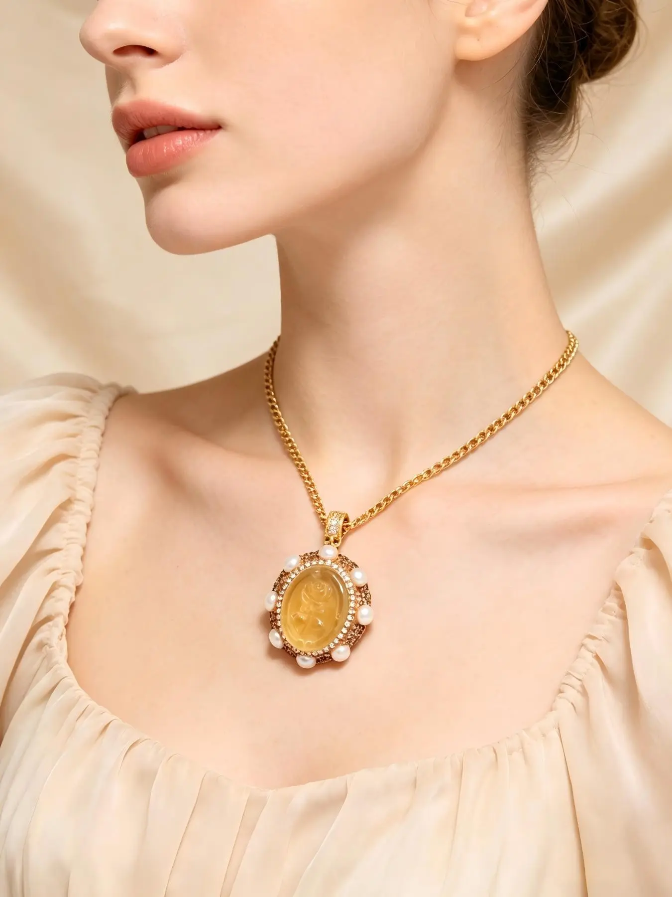 Carved Round Lemon Citrine Rose Pendant Necklace