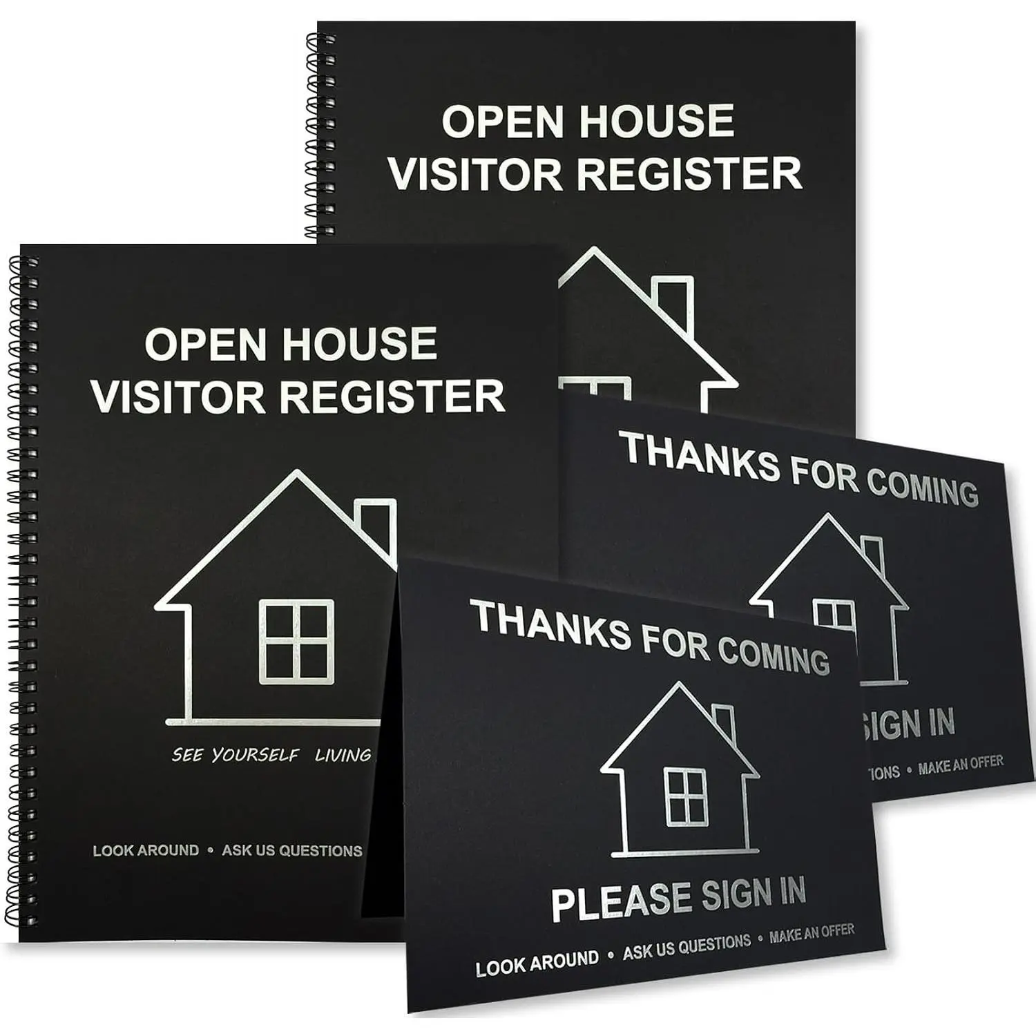 2 Pack Open House Sign-In Book for Visitors & Guest Registry with 2 Realtor Tent Cards – Essential Real Estate Agent Supplies for Property Showing and Home Sale Events (Black)