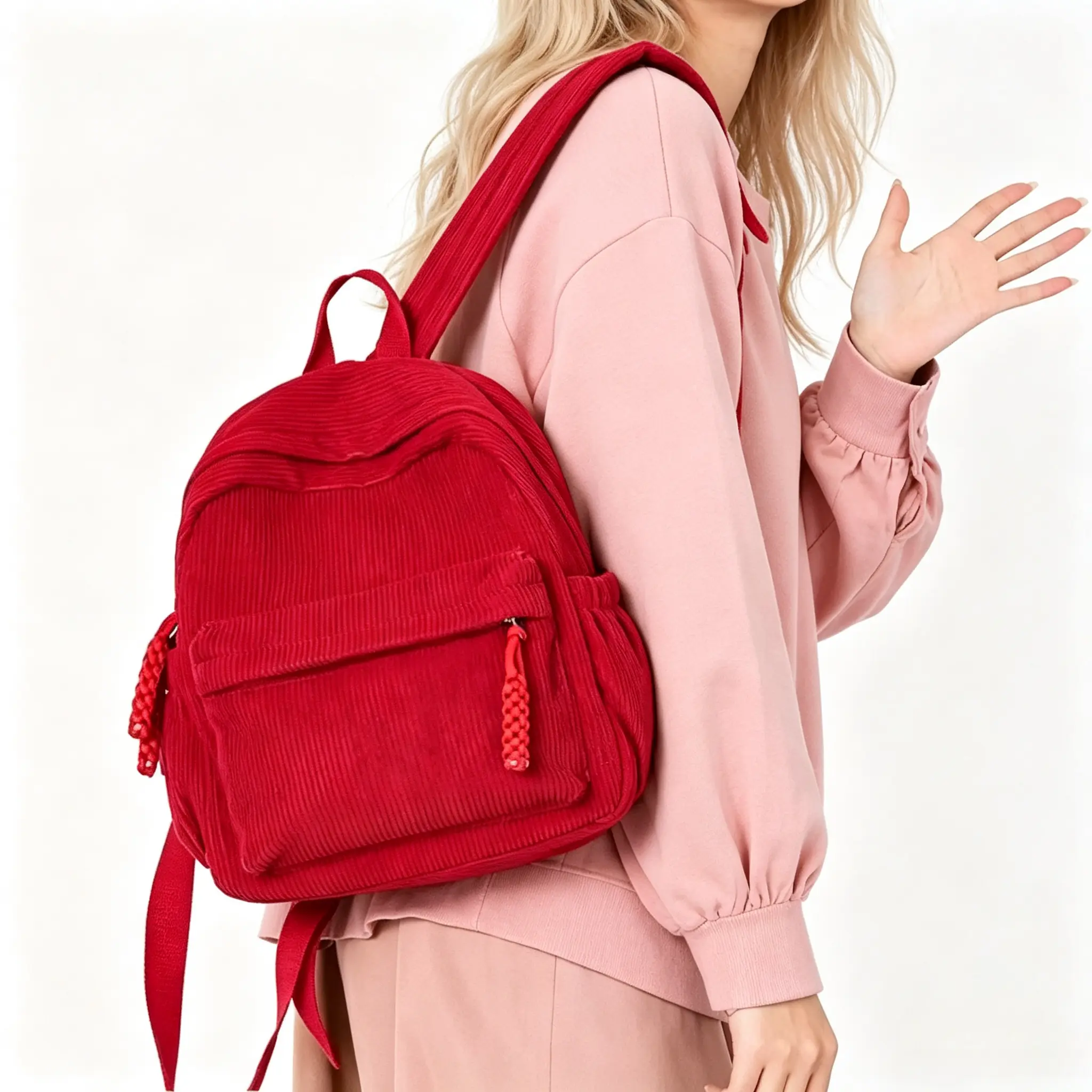 Stylish Women's Corduroy Backpack—a casual everyday bag featuring adjustable straps, a two-way zipper, and a multi-pocket design. Lightweight, versatile, and available in various colors, it is perfect for daily commuting, school, and casual outings.
