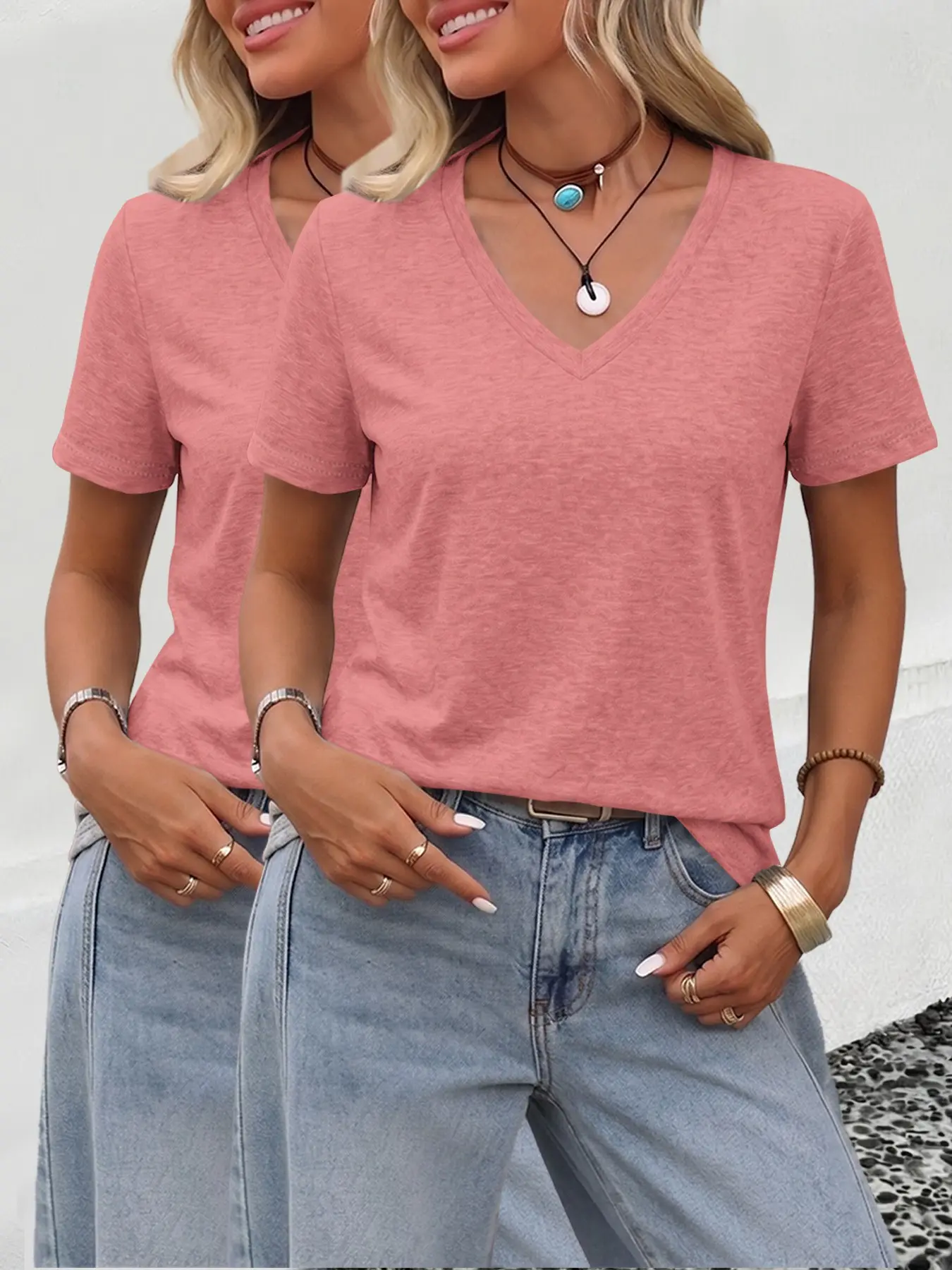 Women's V-Neck Short Sleeve T-Shirt Set of Two, Casual Slim-Fitting Top, Solid Color, All Seasons Wear, Plain Surface, Unlined