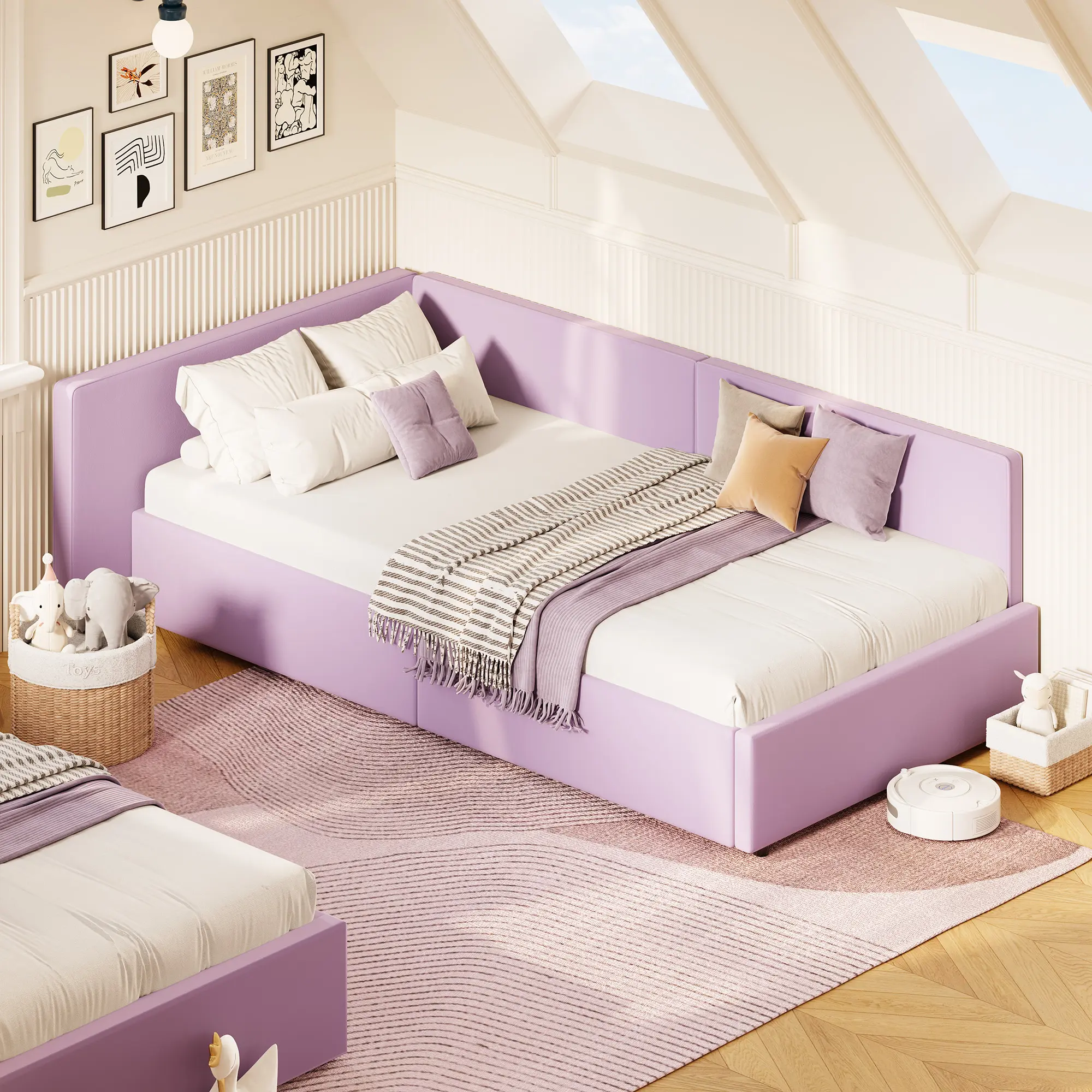 Velvet Upholstered Twin Corner Daybed Sofa with Headboard & Guardrail, Convertible Lounger for Bedroom or Guest Room, Sturdy Wooden Slats & Adjustable Bed Rails – Light Grey/Purple Available