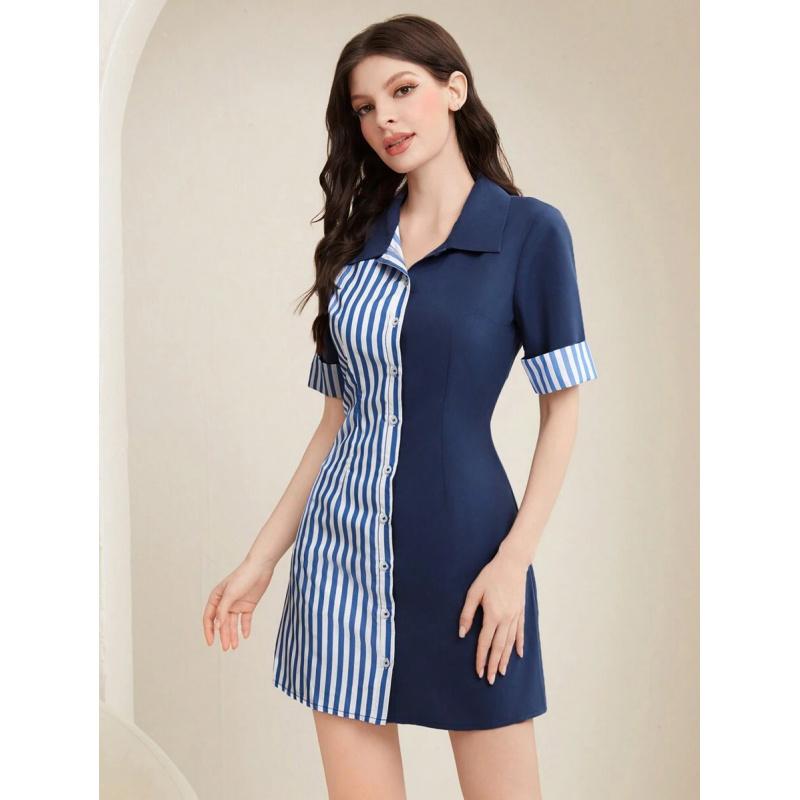 Long and stylized shirt dress with striped print for women, color-coordinated, striped, patchwork short-sleeve shirt dress, elegant, plaid color-block dress