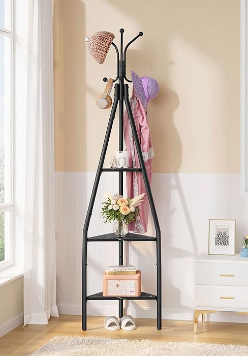 Coat Rack Freestanding, Coat Tree with Umbrella Holder, Metal Coat Rack Stand with 12 Hooks, Standing Coat Hanger Stand, Umbrella Stand for Entryway, Hat Rack Stand for Home Office, Black