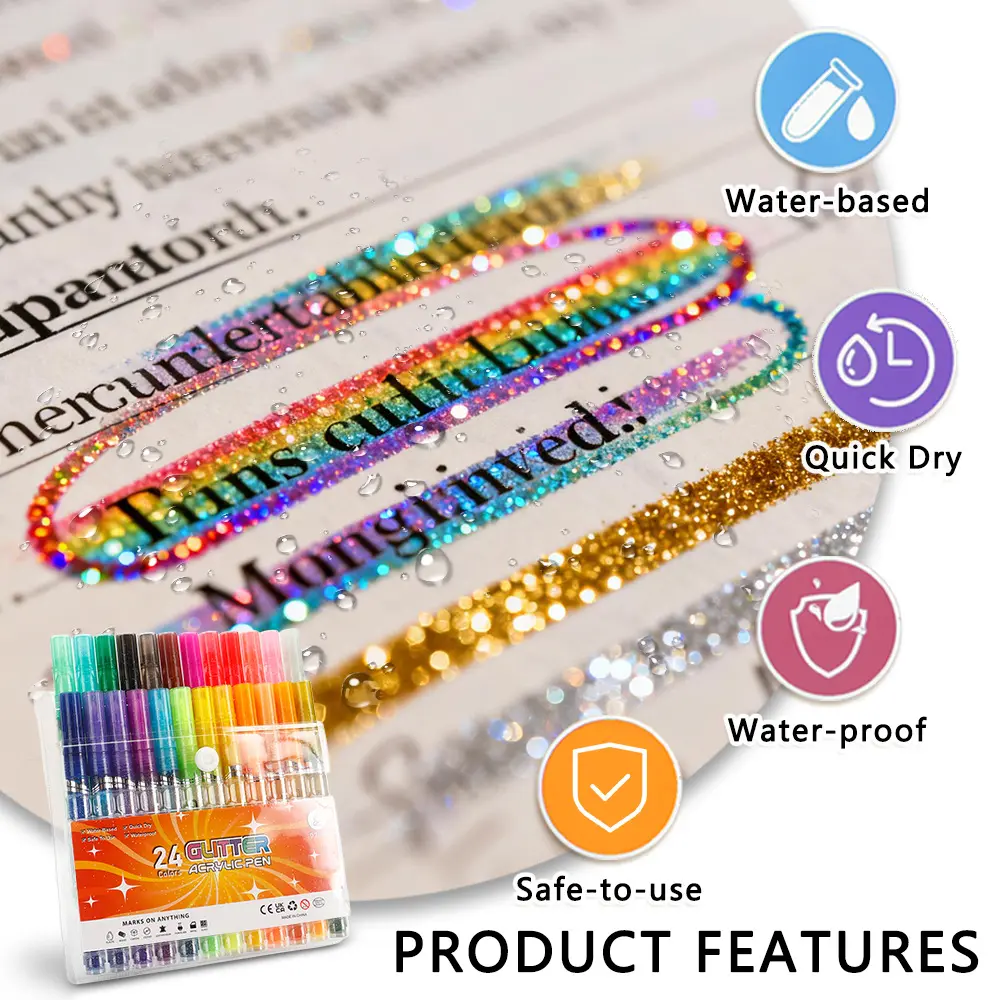 12 Colors Sparkle Glitter Acrylic Marker Pens 1-2mm Tip Waterproof Quick Dry Graffiti Drawing Pens for Rock Glass Ceramic Canvas DIY Craft Decor