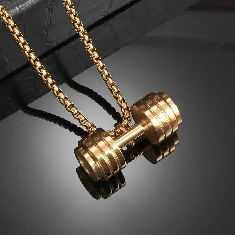 Stainless Steel Barbell Dumbbell Pendant Necklace - Barbell Shape, Crystal Accent, Letter Motif, Elegant Look, Casual Daily Jewelry for Men’s Fitness & Women’s Gym Wear