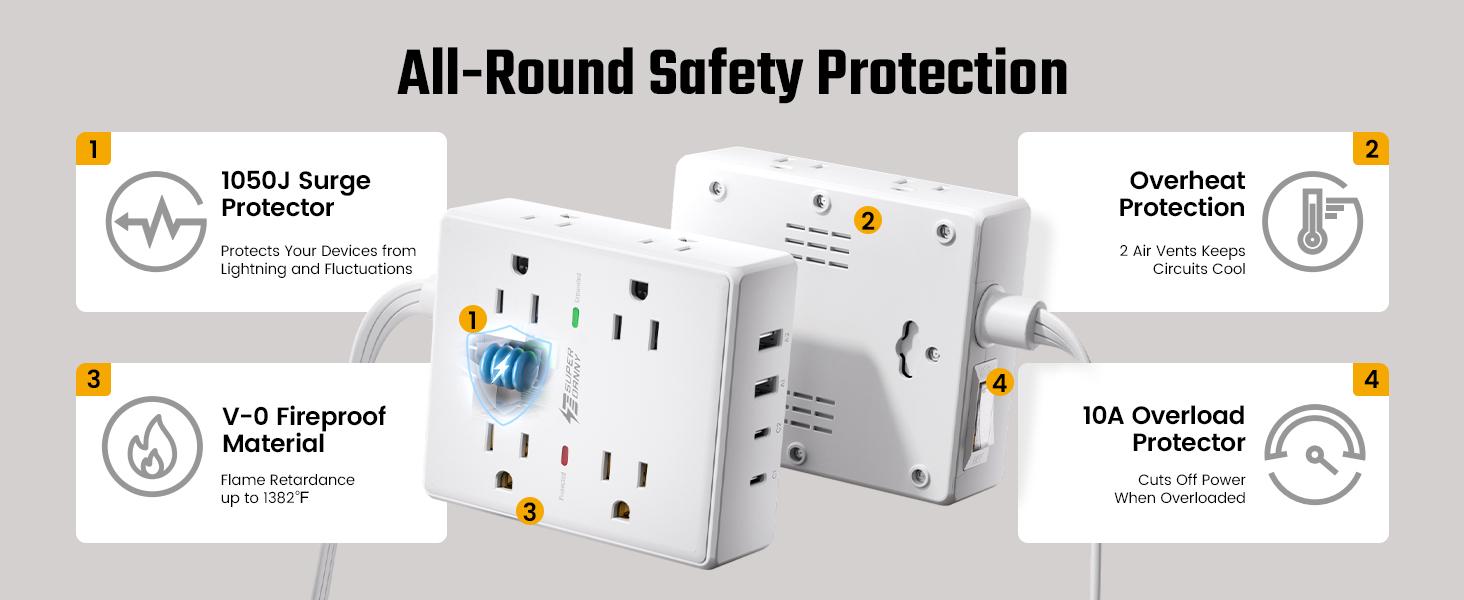 Flat Plug Protector Strip, 6ft Thin Extension Cord with 4 USB (2 USB C Port), 8 Outlets Desk Charging Station, Wall Mountable Outlet Extender for Home Office, College Dorm Room