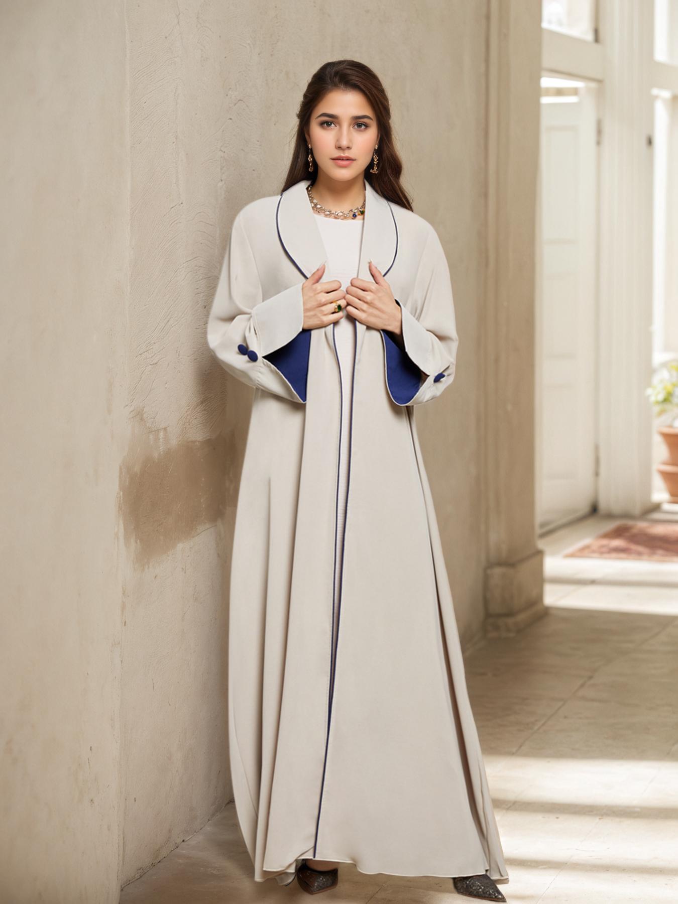 Women's Contrast Binding Open Front Abaya, Modesty Abaya, Elegant Long Sleeve Pleated Drawstring Outerwear for Spring & Fall, Ladies Islamic Clothing for Daily Wear