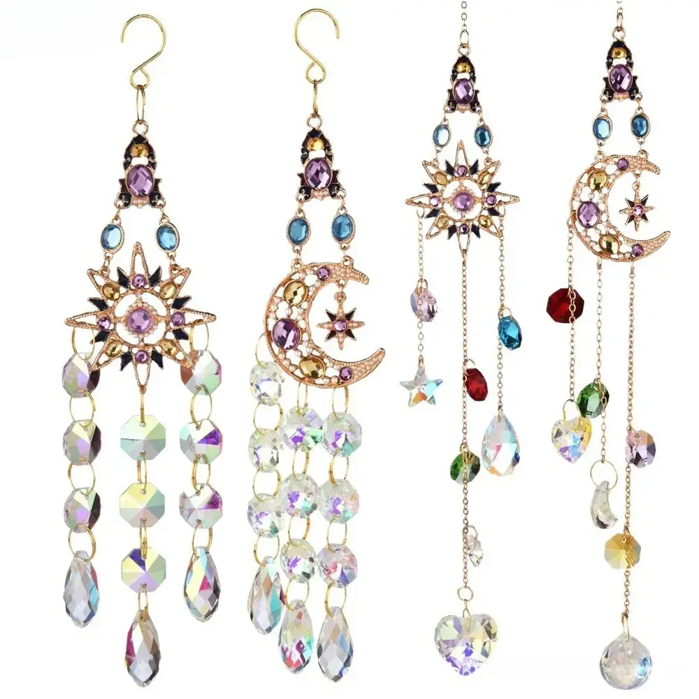 Suncatcher with Crystal Sun, Moon & Stars, Colorful Rhinestone Heart Hanging Ornament, Rainbow Maker Light for Window & Home Room Decor, Stars/Moon