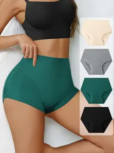 Hotcom 4-Pack Women's High-Waisted Seamless Ice Silk Panties, Polyester Spandex, Soft Comfort, Daily/home/yoga, Sizes S-4xl