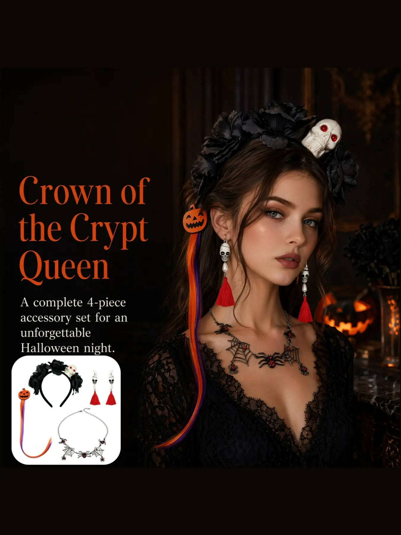 Halloween Gothic Costume Accessories Set (5 Pieces), Rose, Skull, Pumpkin Hair Clip, Spider Web Rhinestone Necklace, Vampire Jewelry