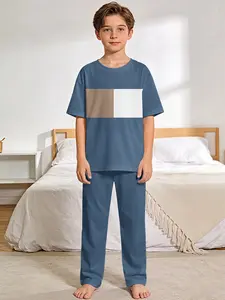 Blue, brown and white color-blocked minimalist versatile 2-piece boys' digital printed short-sleeve pajamas with long sleep pants, made of flame-retardant fabric. A stylish, trendy, casual, comfortable and soft pajama set, suitable for sleeping and home l