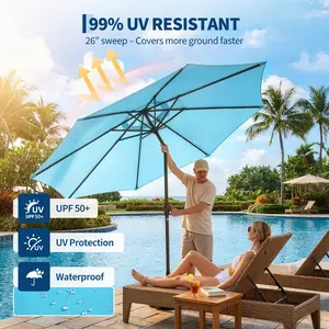 OP-Solar LED Patio Umbrella 9FT – UV & Water Resistant Outdoor Sun Shade – Tilt & Crank, 8 Iron Ribs, for Garden, Deck, Backyard, Pool