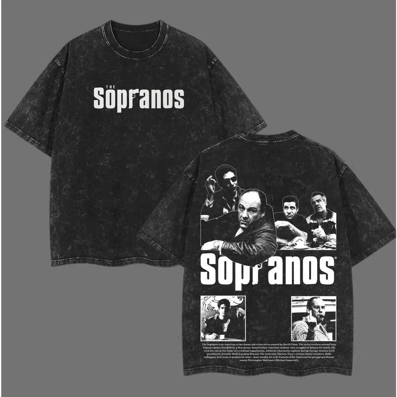 Men's Retro The Sopranos Apparel - Bold Front Text Logo, Black-White Multi-Character Collage Portrait, Dual-Sided Vintage Washed Black Shortsleeve T-Shirt, Unisex Relaxed-Fit Seamless Heavyweight Cotton Streetwear Top, Ideal Gift for Fans