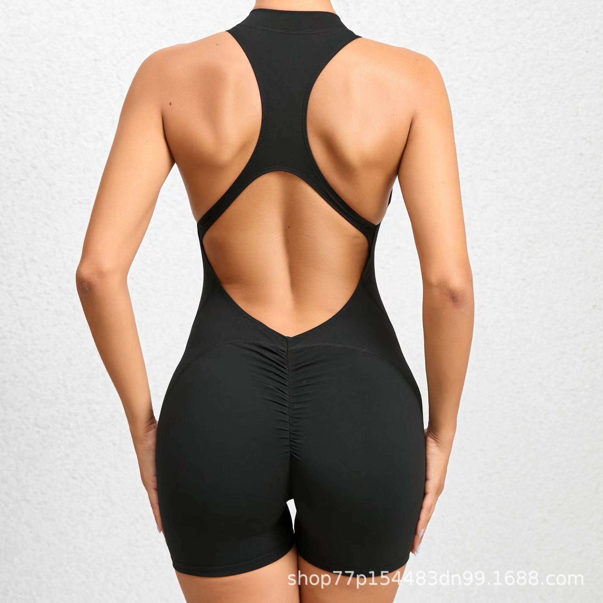 Popular cross-border European and American high-elasticity sports fitness zippered jumpsuit, naked-feel tight-fitting one-piece yoga outfit
