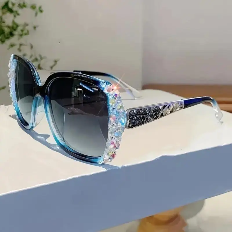 Women's Oversized Trending Sunglasses - Diamond-Inspired, Crystal-Encrusted, Gradient, Semi-Rimless, Blue Light Blocking Polyamide Lenses, Natural Material Frame, for Street Photography, Eye Protection, Sunglasses For Women, Womens Sunglasses