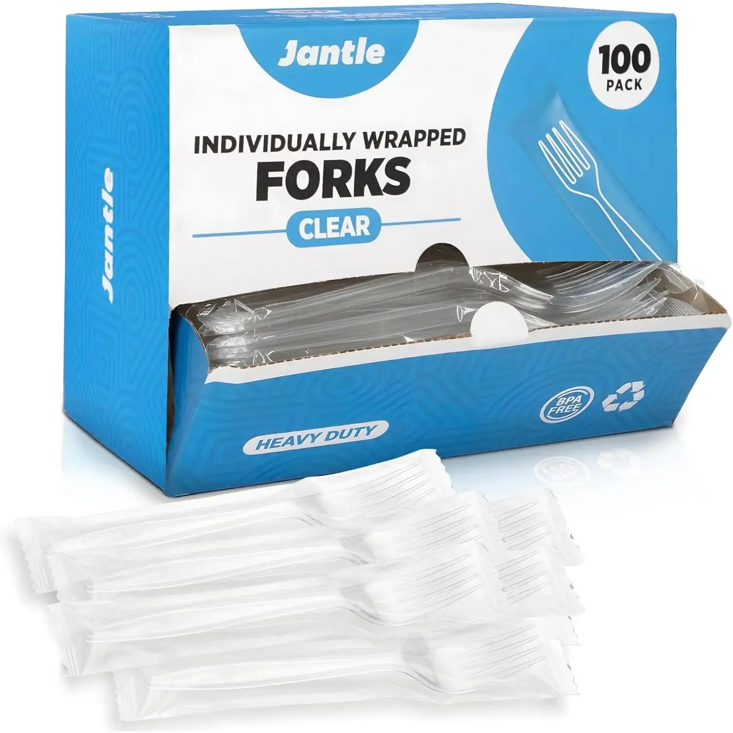 Jantle Thick Disposable Plastic Forks & Spoons Utensils, 100-Pack Individually Wrapped with Dispenser Box - Home Supplies for Catering, To-Go Meals, Spoon