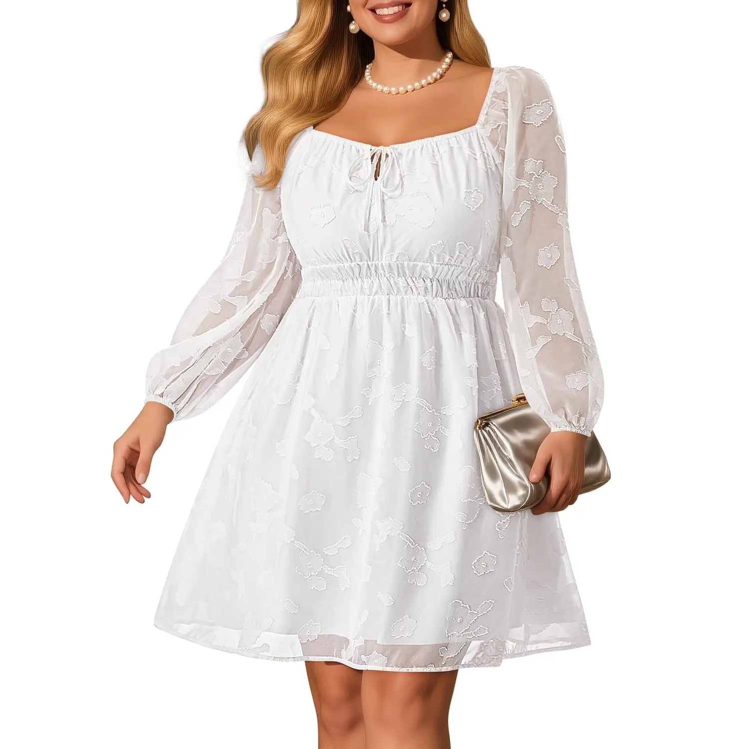 PINUP FASHION Women's Plus Size Square Neck Sheer Lightweight Smocked Floral Lace Long Sleeve Short Dress - 2026 Cocktail, Wedding Guest Formal Dress