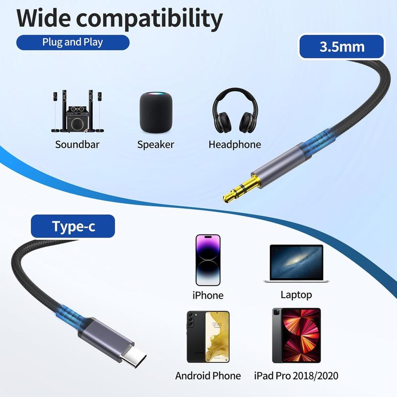 Aux to USB C, USB C to 3.5mm Audio Jack  4.3 ft, Type C to Headphone Cord  Aux ,Compatible for  16 15 iPad Pro Max,  Galaxy S24 S23 S22 S21 Pixel 4 5, Speakers Black