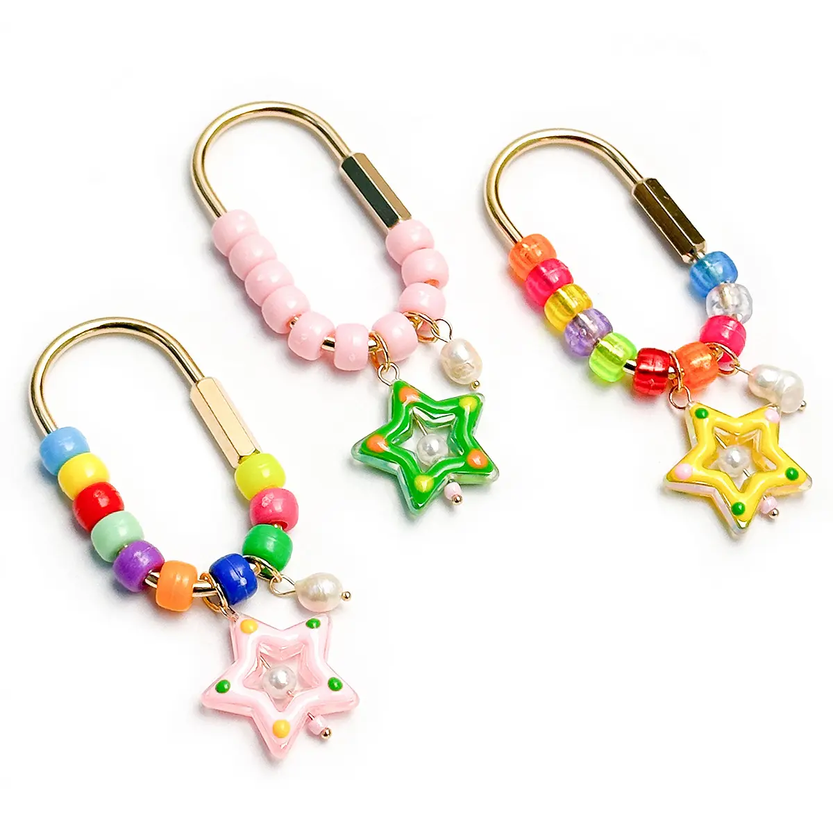 Unisex 5-Point Star Nylon Beaded Key Charm with Crystal Accents, Cute Keychain Carabiner Beaded Keyring for Camping & Hiking Hammock, Backpack Decoration, Cute Keychains