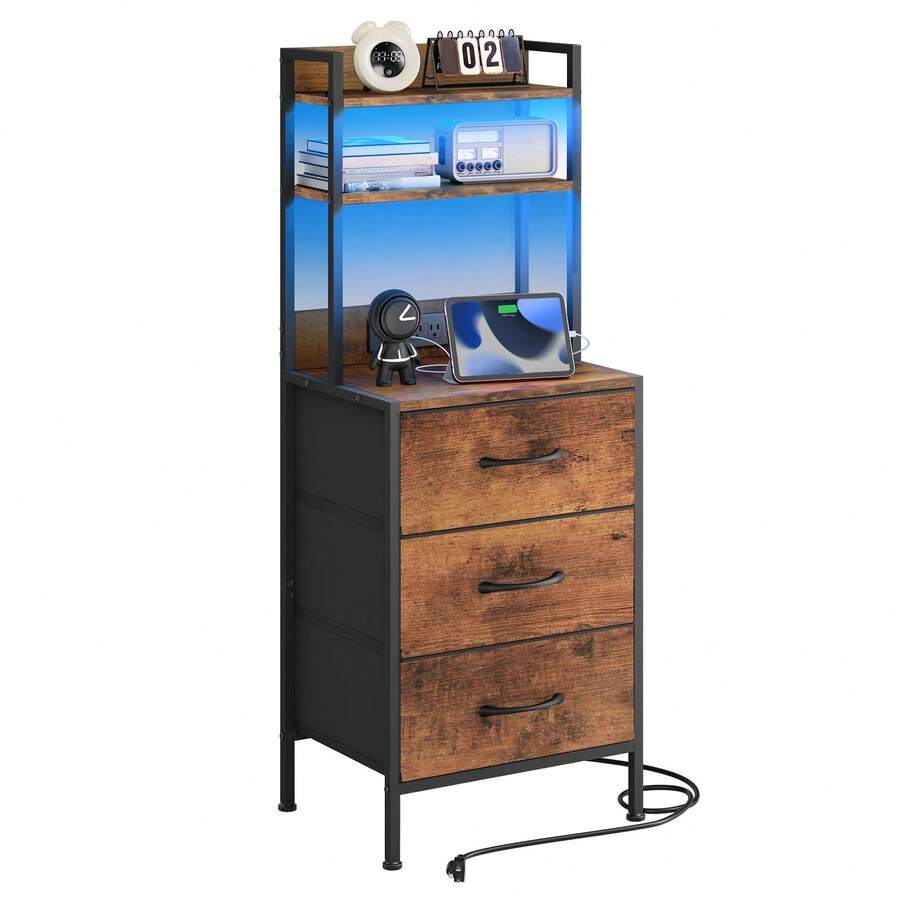 41 Inch Tall Nightstand with 3 Drawers & Charging Station, LED Bedside Table with USB Port & Socket, PU Fabric Storage Drawers, Multi-Functional Side Table & Bookshelf for Bedroom Office, Black White Rustic Brown