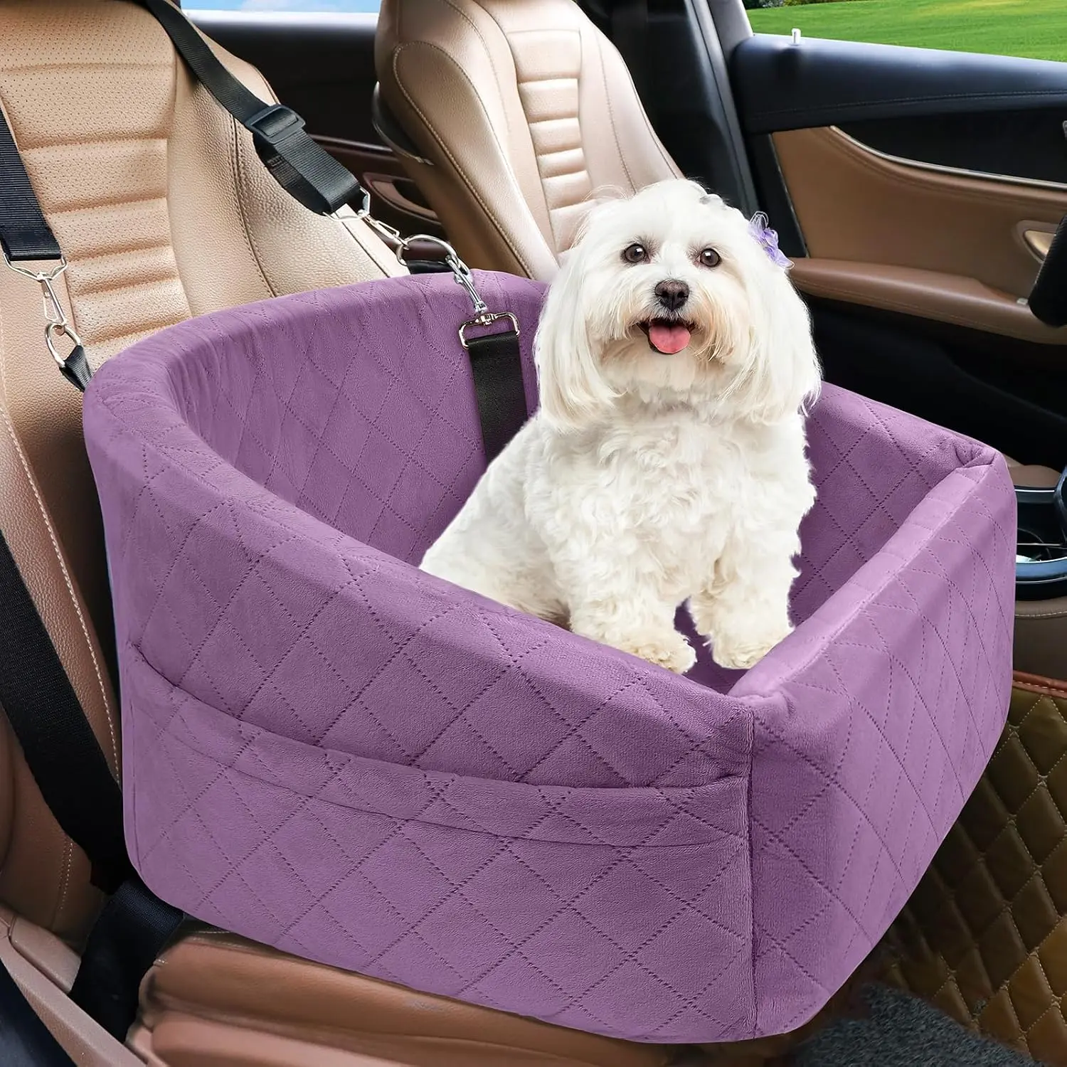Seat for Small Medium Dogs,Detachable Washable  Booster Seat Under 30lbs,   Seats Travel Bed with Storage Pockets and Safety Belt ()