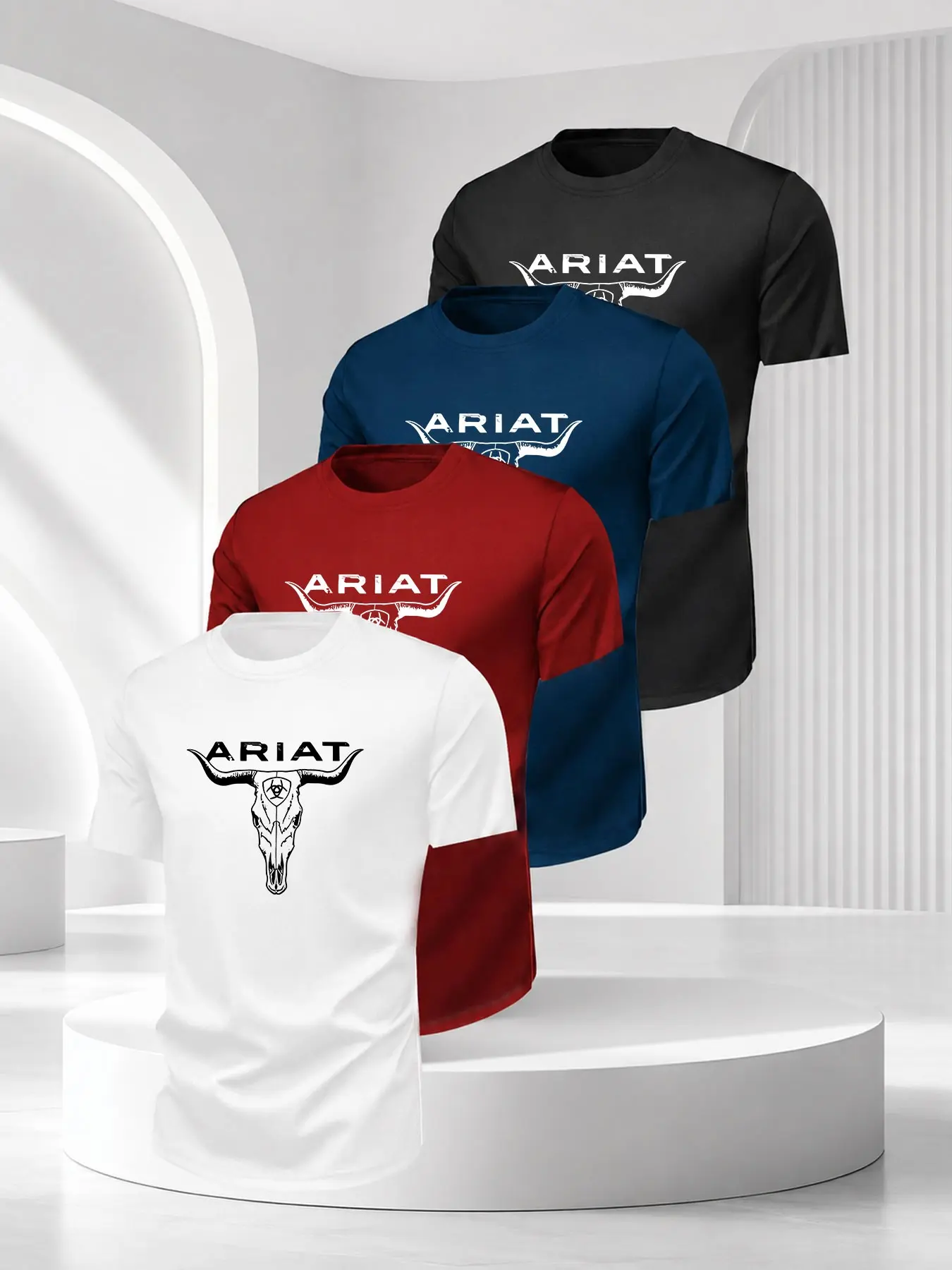 4-Piece Men's Printed Short Sleeve T-Shirt Set, Western Bull Skull Design, Breathable Fabric, Casual Streetwear, Unisex Fit