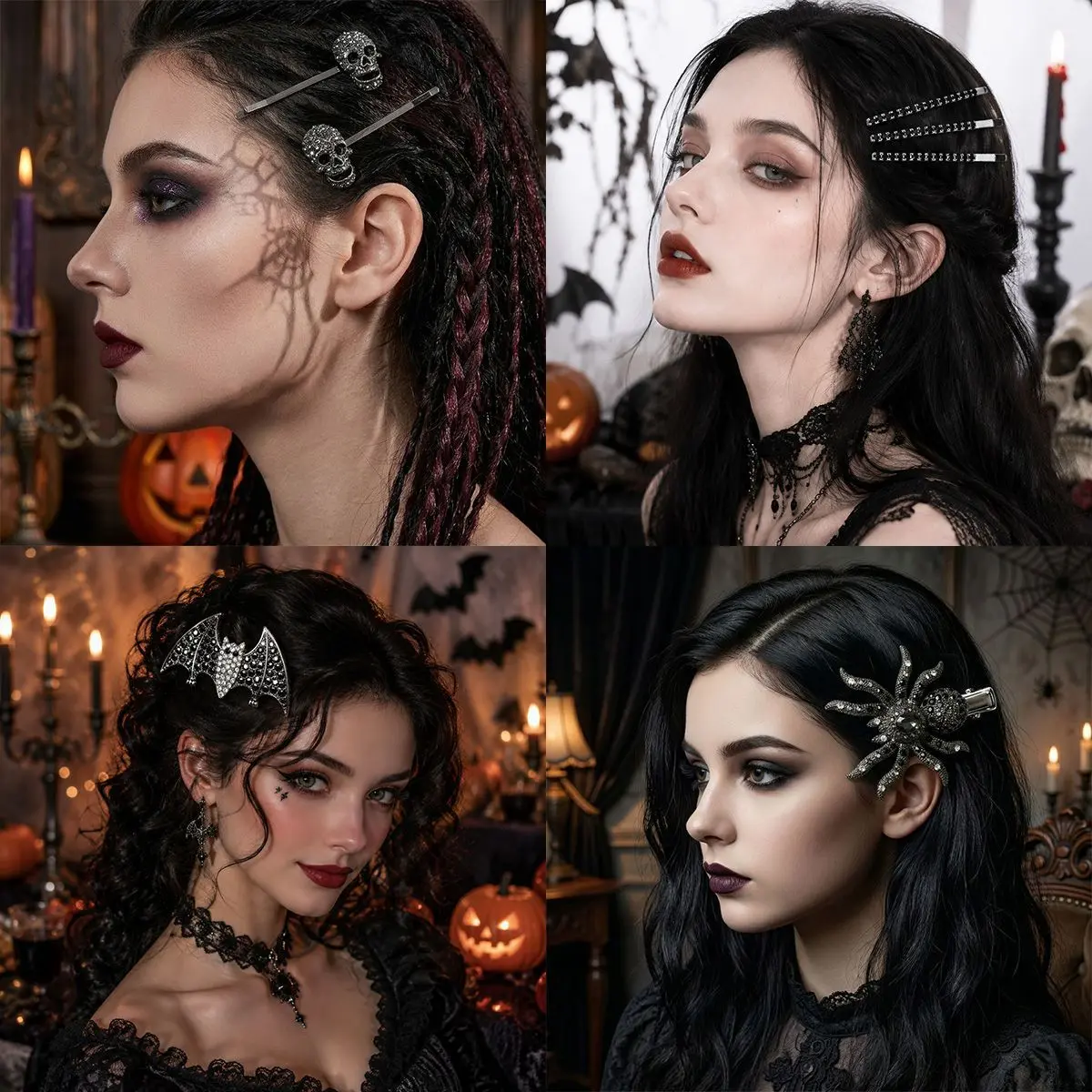 Gothic Bat & Spider Hair Barrette for Women, Halloween Rhinestone Alligator Hair Clip, Vintage Witchcore Statement Hair Pin, Dark Academia Costume Accessory for Cosplay, Masquerade Ball, Festival, Concert & Daily Gothic Style