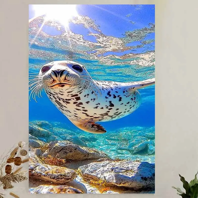 2D, Marine Life: Underwater Adventure of the Spotted Seal Canvas Painting, Canvas Art Poster and Wall Art Print, Modern Home Bedroom Decor Poster, Ideal for Room Decoration