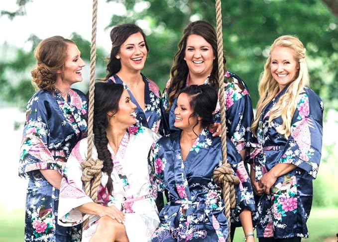 Womens Kimono Robes Dressing Gown Satin Bathrobe Nightdress Short Style Bridal Robe